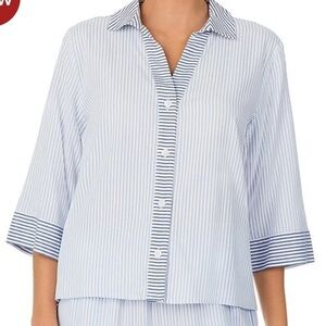 DONNA KARAN Striped Seersucker Notch Collar Button Front Sleep Top Size XL